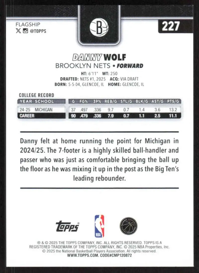 2025-26 Topps #227 Danny Wolf NM-MT RC Rookie Brooklyn Nets Basketball Card - Basketball Card Single