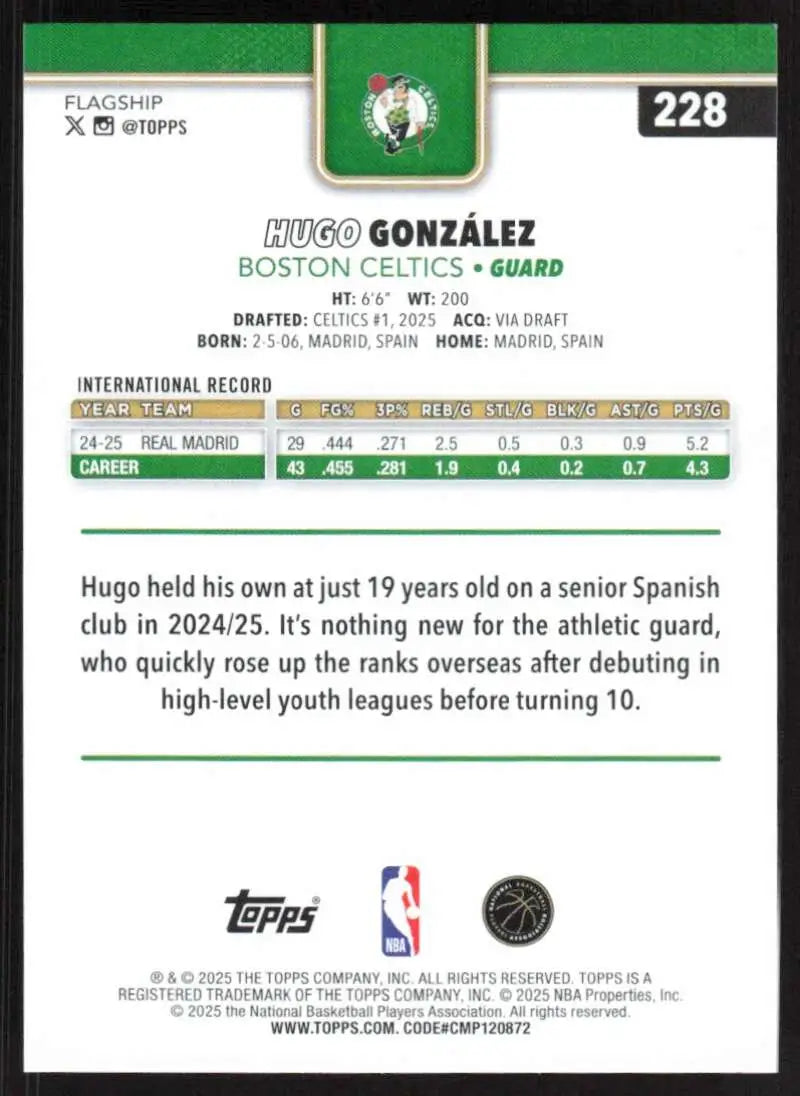 2025-26 Topps #228 Hugo Gonzalez NM-MT RC Rookie Boston Celtics Basketball Card - Basketball Card Single