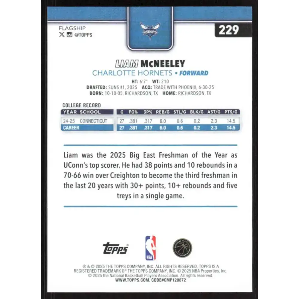 2025-26 Topps #229 Liam McNeeley NM-MT RC Rookie Charlotte Hornets Basketball Card - Basketball Card Single