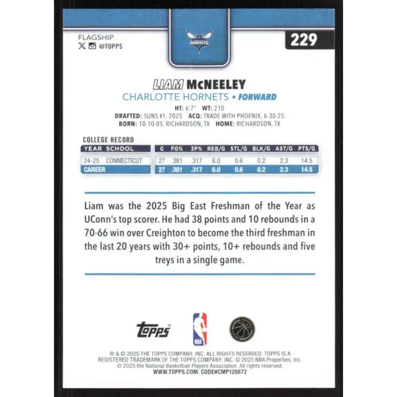 2025-26 Topps #229 Liam McNeeley NM-MT RC Rookie Charlotte Hornets Basketball Card - Basketball Card Single