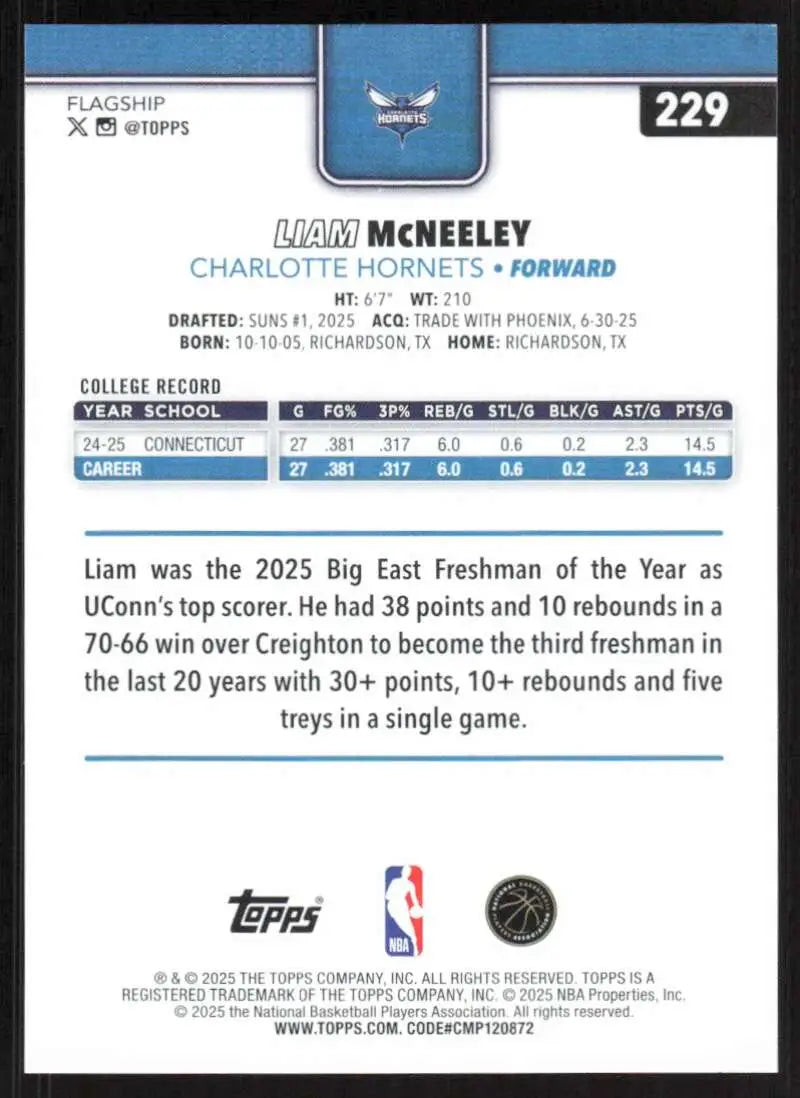 2025-26 Topps #229 Liam McNeeley NM-MT RC Rookie Charlotte Hornets Basketball Card