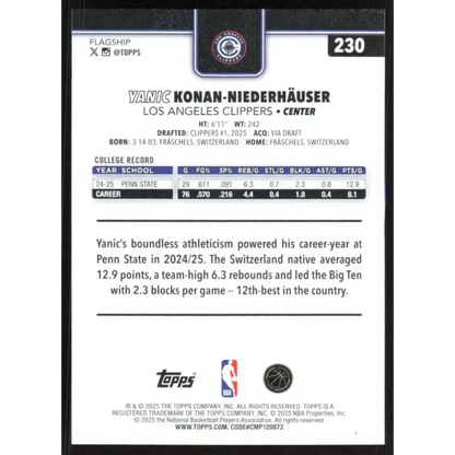 2025-26 Topps #230 Yanic Konan-Niederhauser NM-MT RC Rookie Los Angeles Clippers Basketball Card - Trading Card