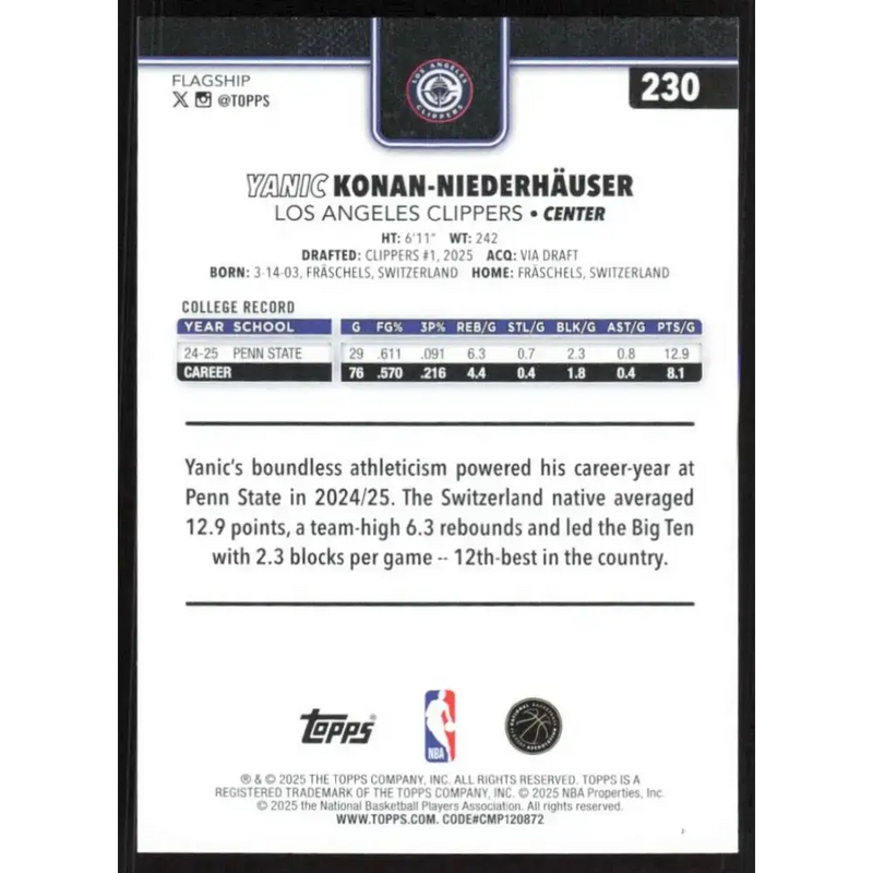 2025-26 Topps #230 Yanic Konan-Niederhauser NM-MT RC Rookie Los Angeles Clippers Basketball Card - Basketball Card