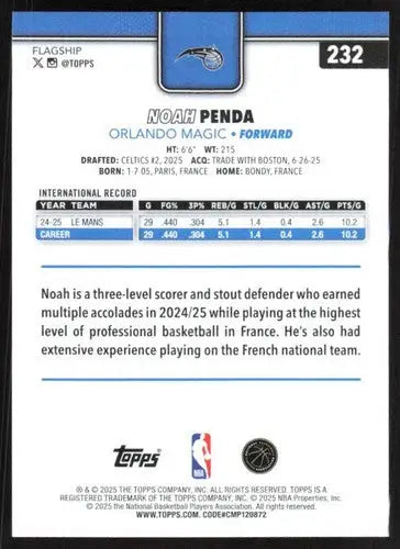 2025-26 Topps #232 Noah Penda NM-MT RC Rookie Magic ID:80835 - Basketball Card Single