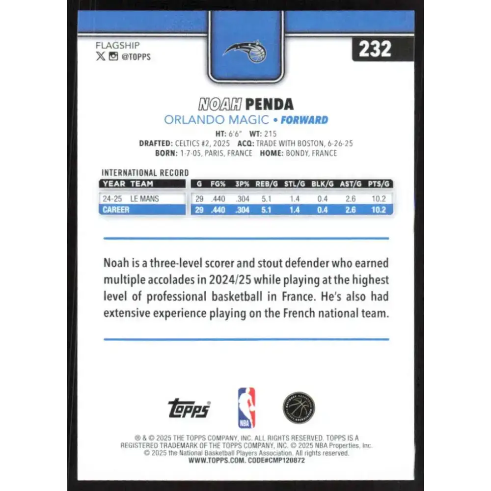 2025-26 Topps #232 Noah Penda NM-MT RC Rookie Orlando Magic Basketball Card - Basketball Card Single
