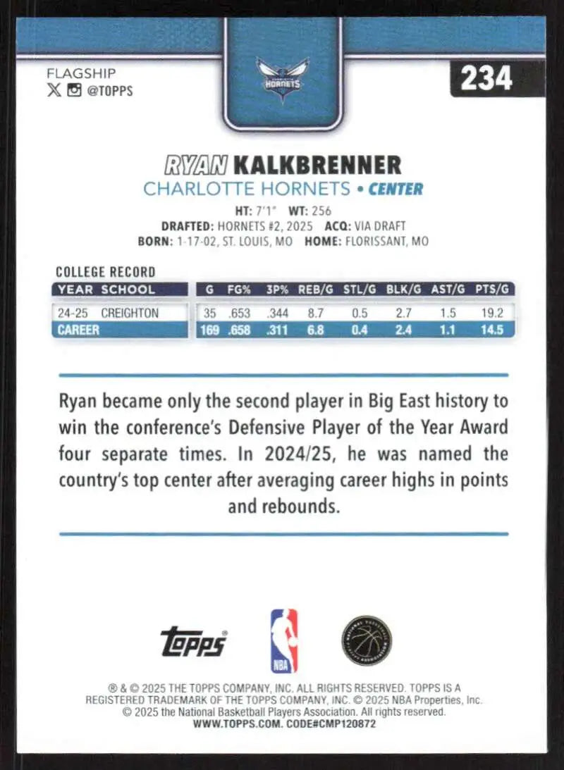 2025-26 Topps #234 Ryan Kalkbrenner NM-MT RC Rookie Charlotte Hornets Basketball Card - Basketball Card Single
