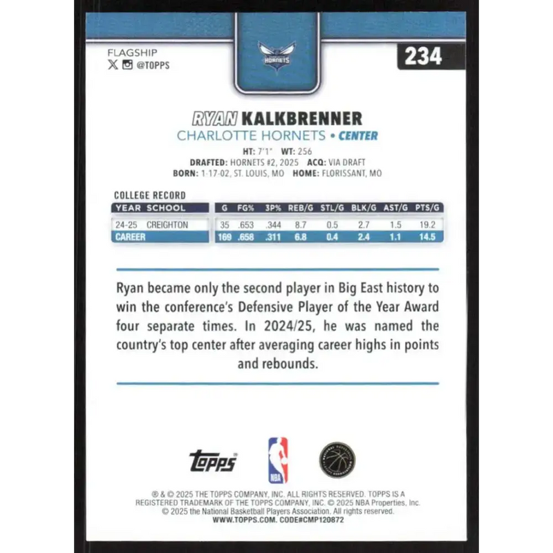 2025-26 Topps #234 Ryan Kalkbrenner NM-MT RC Rookie Charlotte Hornets Basketball Card - Basketball Card Single