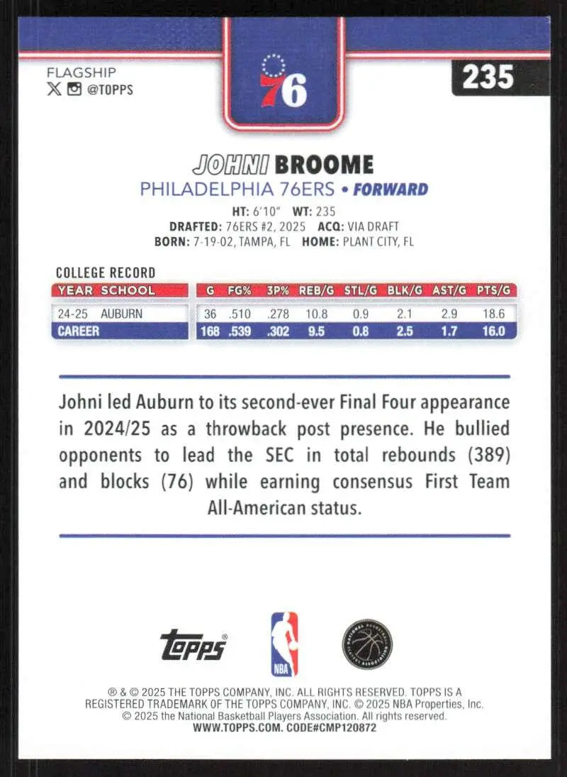2025-26 Topps #235 Johni Broome NM-MT RC Rookie Philadelphia 76ers Basketball Card - Basketball Card Single