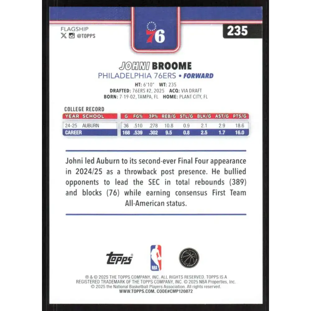 2025-26 Topps #235 Johni Broome NM-MT RC Rookie Philadelphia 76ers Basketball Card