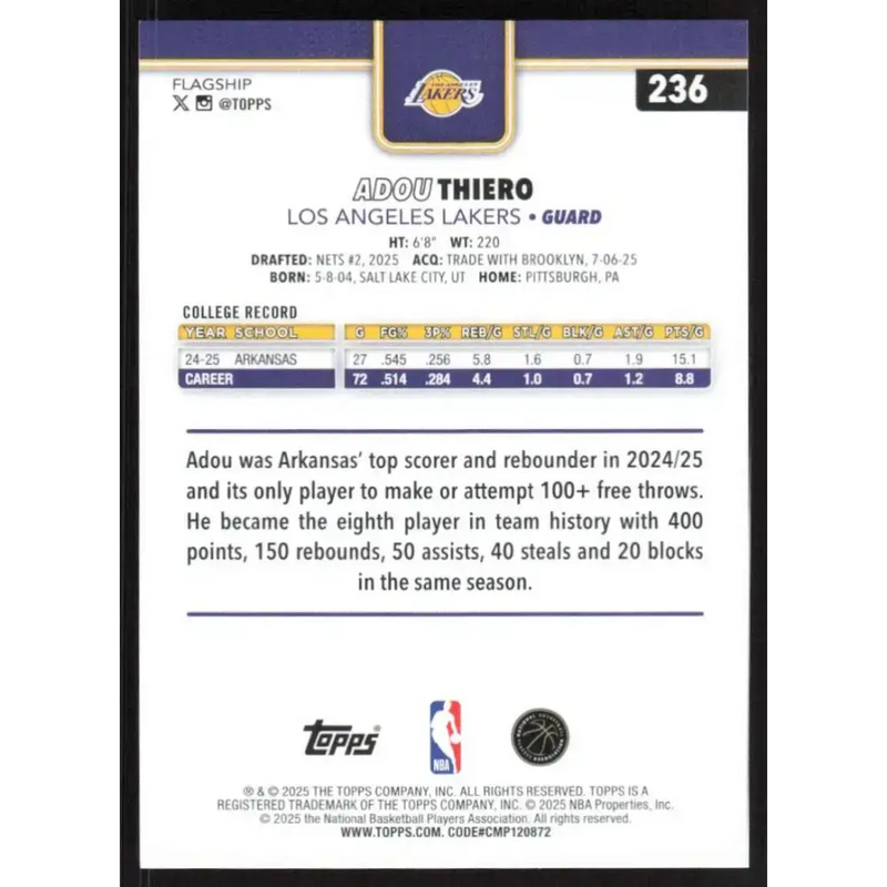 2025-26 Topps #236 Adou Thiero NM-MT RC Rookie Los Angeles Lakers Basketball Card - Basketball Card Single