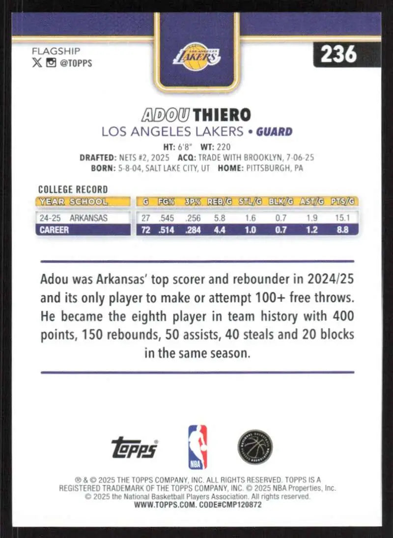 2025-26 Topps #236 Adou Thiero NM-MT RC Rookie Los Angeles Lakers Basketball Card - Basketball Card Single