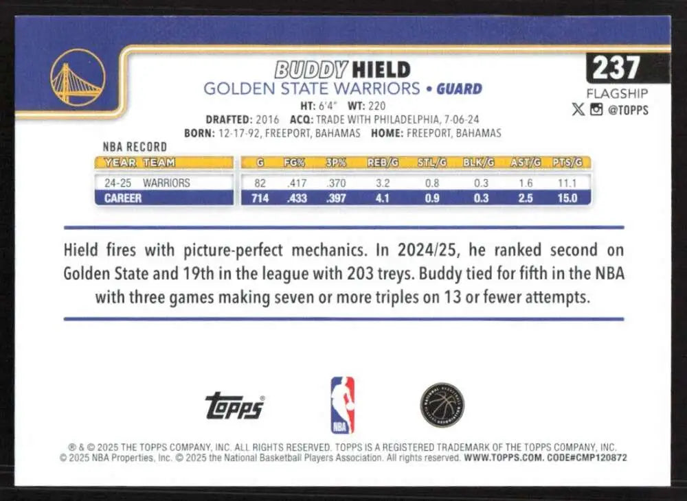 2025-26 Topps #237 Buddy Hield NM-MT Golden State Warriors Basketball Card - Basketball Card Single