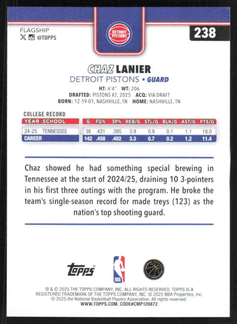 2025-26 Topps #238 Chaz Lanier NM-MT RC Rookie Detroit Pistons Basketball Card - Basketball Card Single
