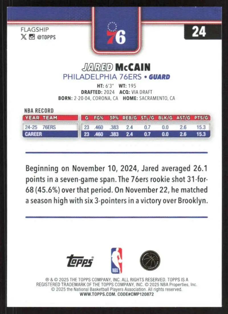 2025-26 Topps #24 Jared McCain NM-MT Philadelphia 76ers Basketball Card - Basketball Card Single