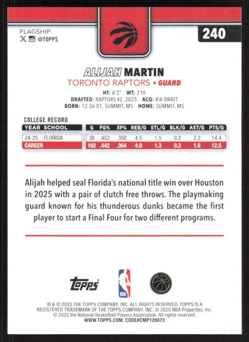 2025-26 Topps #240 Alijah Martin NM-MT RC Rookie Toronto Raptors Basketball Card - Basketball Card Single