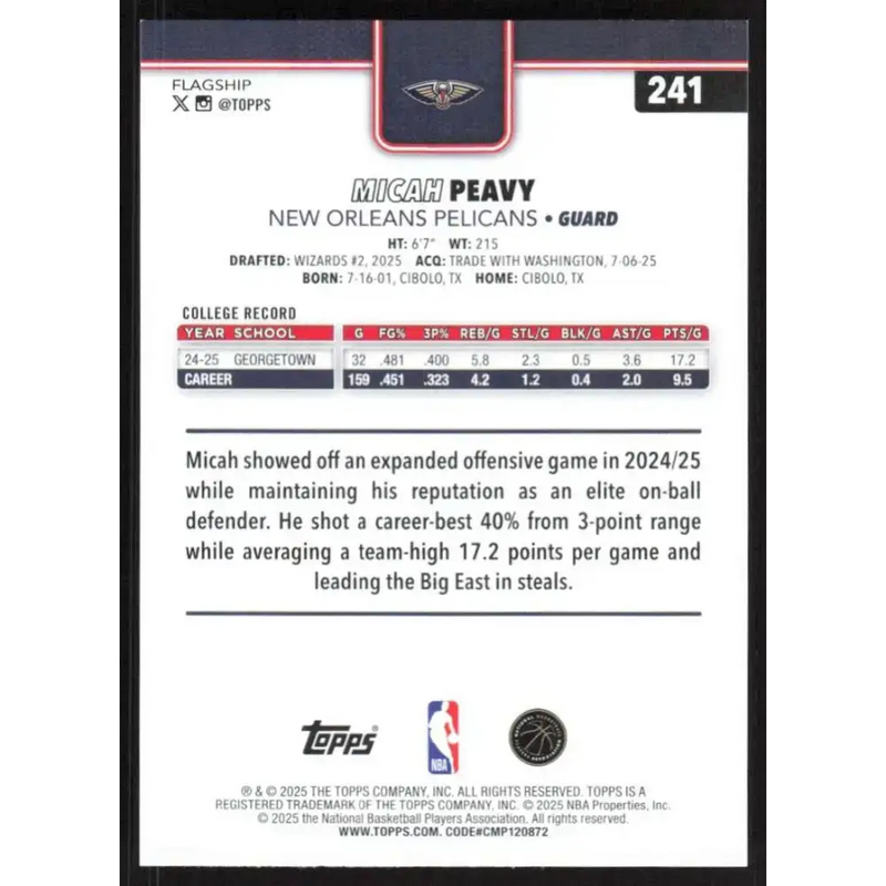 2025-26 Topps #241 Micah Peavy NM-MT RC Rookie New Orleans Pelicans Basketball Card