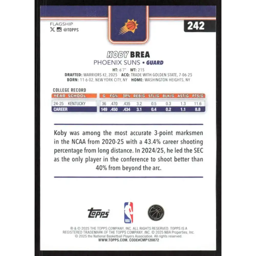 2025-26 Topps #242 Koby Brea NM-MT RC Rookie Phoenix Suns Basketball Card - Basketball Card Single