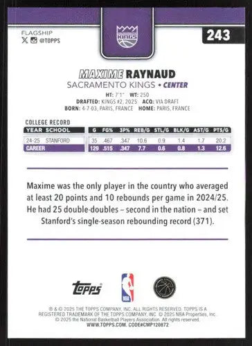 2025-26 Topps #243 Maxime Raynaud NM-MT RC Rookie Sac Kings ID:80838 - Basketball Card Single