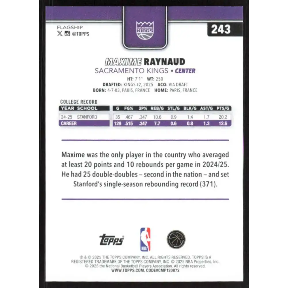 2025-26 Topps #243 Maxime Raynaud NM-MT RC Rookie Sacramento Kings Basketball Card - Trading Cards