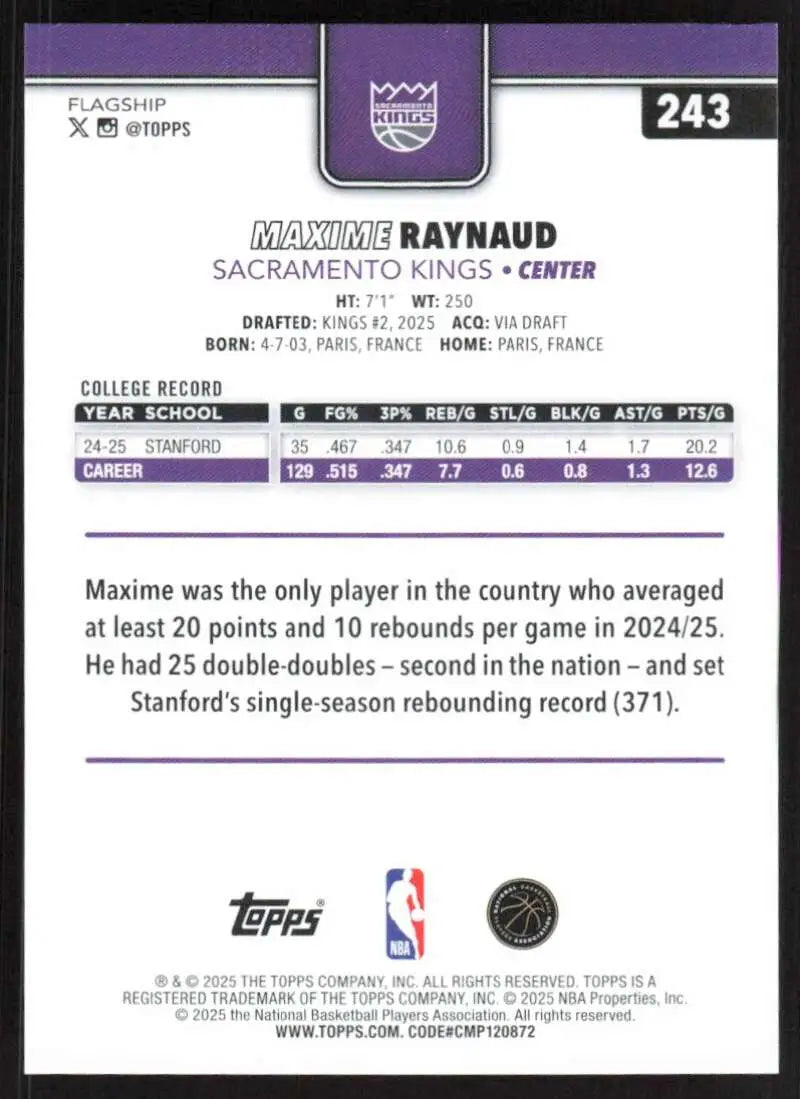 2025-26 Topps #243 Maxime Raynaud NM-MT RC Rookie Sacramento Kings Basketball Card - Basketball Card Single