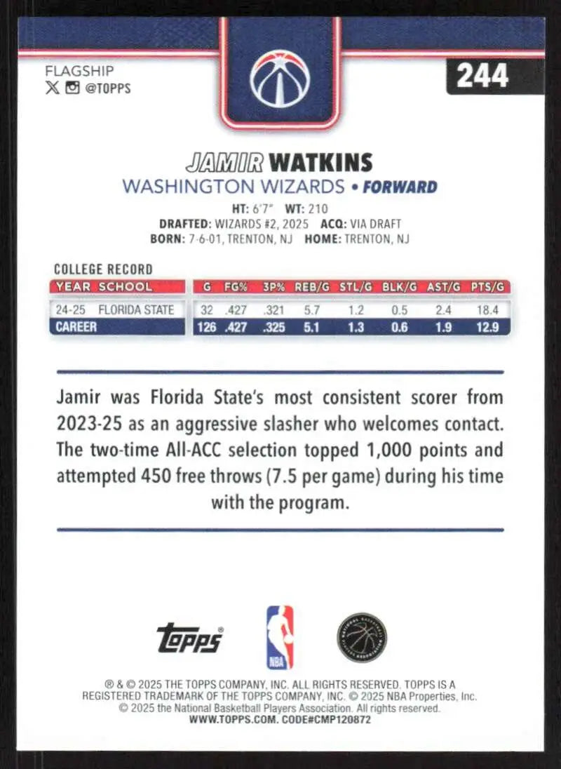 2025-26 Topps #244 Jamir Watkins NM-MT RC Rookie Washington Wizards Basketball Card - Basketball Card Single