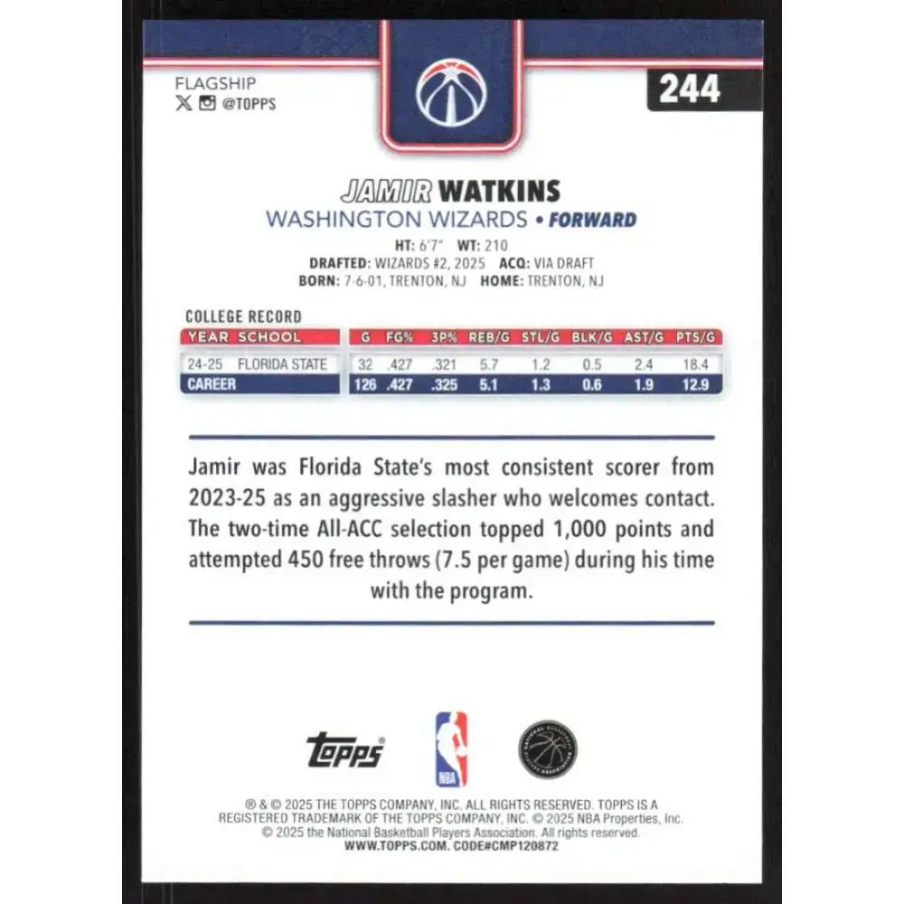 2025-26 Topps #244 Jamir Watkins NM-MT RC Rookie Washington Wizards Basketball Card