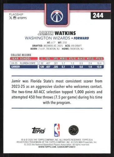 2025-26 Topps #244 Jamir Watkins NM-MT RC Rookie Wizards ID:80839 - Basketball Card Single