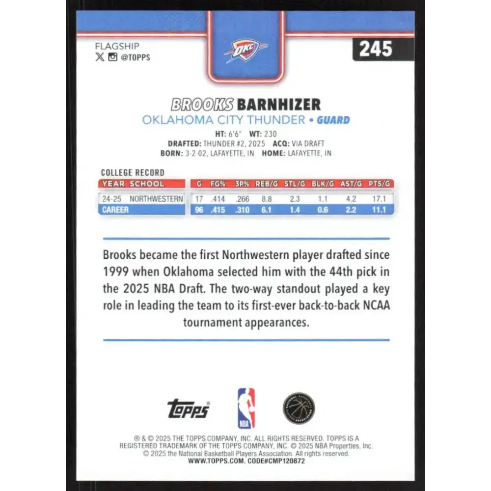 2025-26 Topps #245 Brooks Barnhizer NM-MT RC Rookie Oklahoma City Thunder Basketball Card - Basketball Card Single