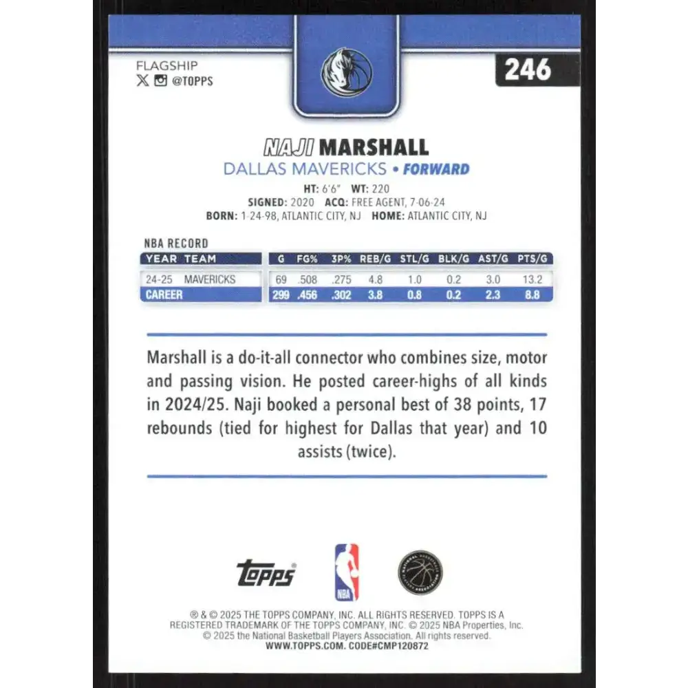 2025-26 Topps #246 Naji Marshall NM-MT Dallas Mavericks Basketball Card - Basketball Card