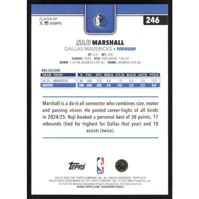 2025-26 Topps #246 Naji Marshall NM-MT Dallas Mavericks Basketball Card - Basketball Card Single