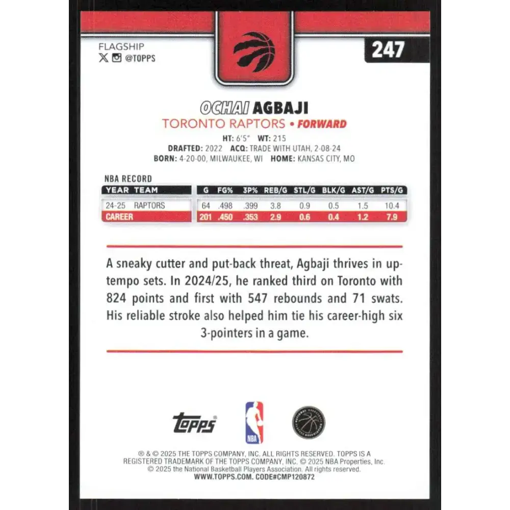 2025-26 Topps #247 Ochai Agbaji NM-MT Toronto Raptors Basketball Card - Basketball Card Single