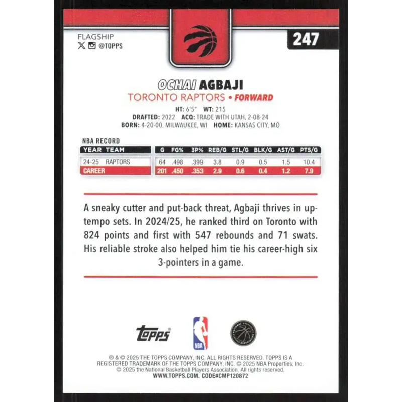 2025-26 Topps #247 Ochai Agbaji NM-MT Toronto Raptors Basketball Card - Basketball Card Single