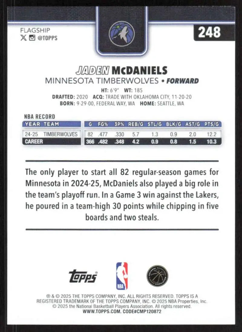 2025-26 Topps #248 Jaden McDaniels NM-MT Minnesota Timberwolves Basketball Card - Basketball Card Single