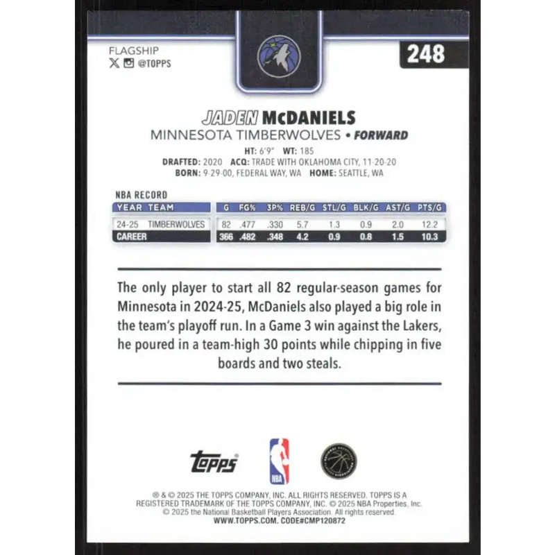 2025-26 Topps #248 Jaden McDaniels NM-MT Minnesota Timberwolves Basketball Card - Basketball Card Single