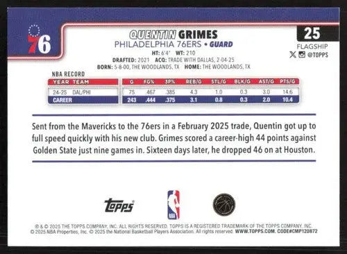 2025-26 Topps #25 Quentin Grimes NM-MT 76ers ID:80790 - Basketball Card Single