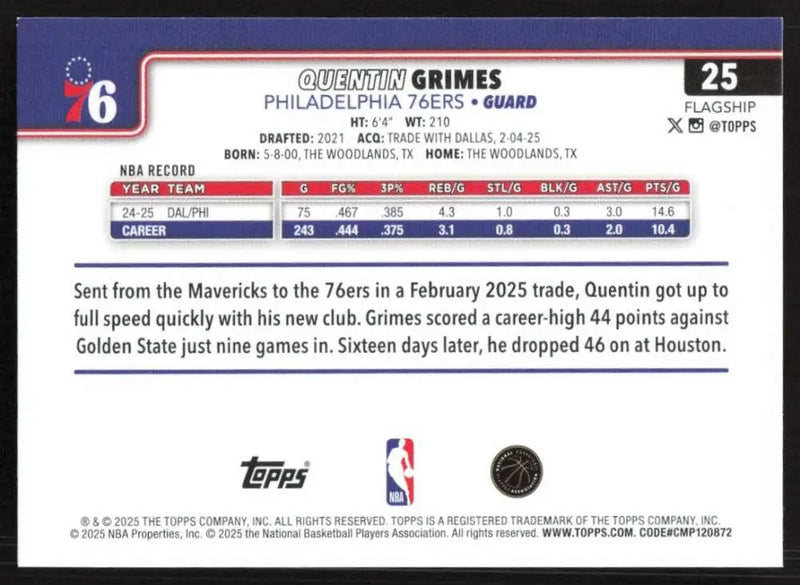 2025-26 Topps #25 Quentin Grimes NM-MT Philadelphia 76ers Basketball Card - Basketball Card Single