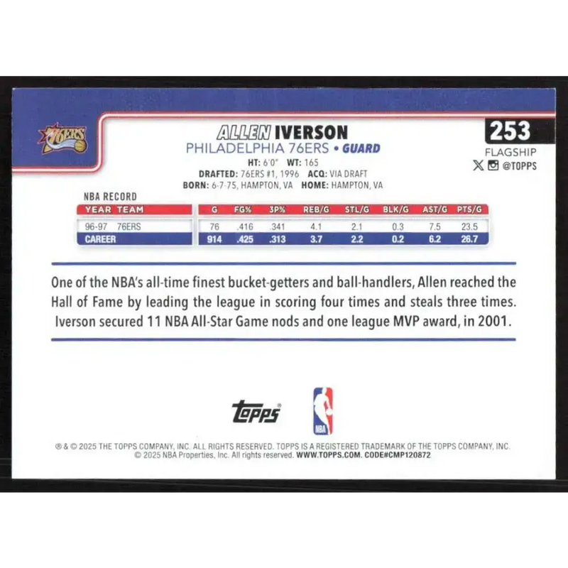 2025-26 Topps #253 Allen Iverson NM-MT Philadelphia 76ers Basketball Card - Basketball Card Single