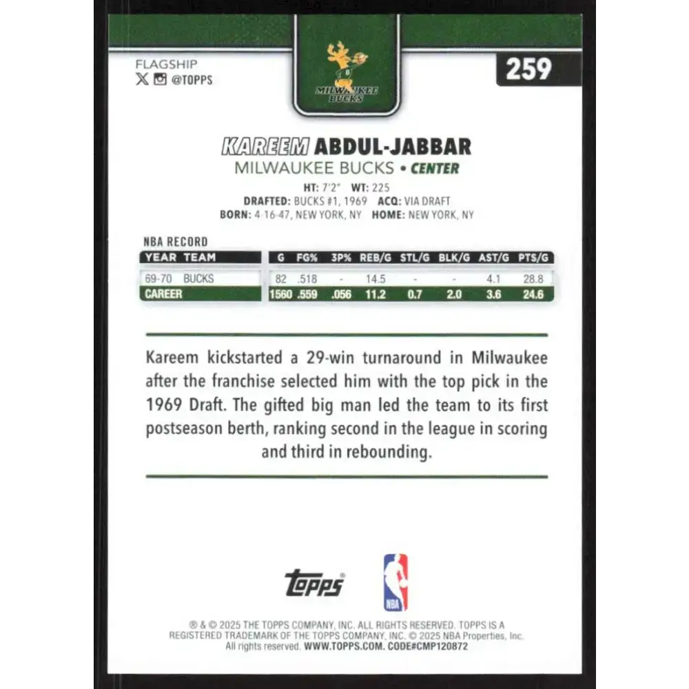 2025-26 Topps #259 Kareem Abdul-Jabbar NM-MT Milwaukee Bucks Basketball Card - Basketball Card Single