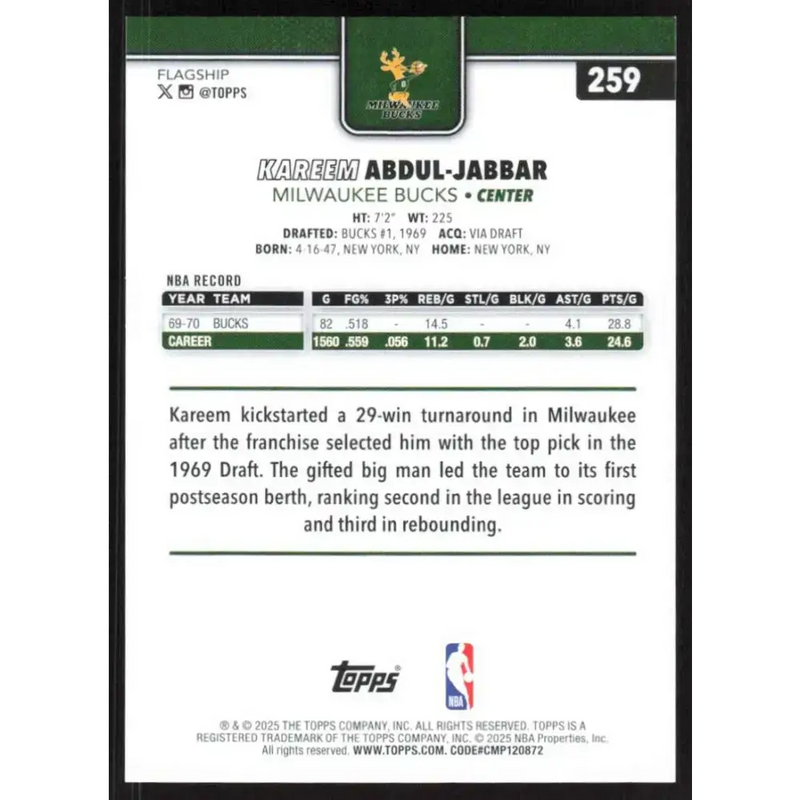 2025-26 Topps #259 Kareem Abdul-Jabbar NM-MT Milwaukee Bucks Basketball Card - Basketball Card Single