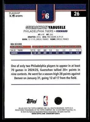 2025-26 Topps #26 Guerschon Yabusele Base Philadelphia 76ers - Basketball Card Single