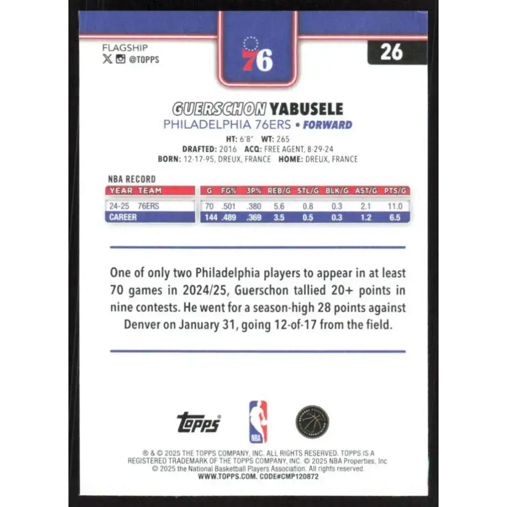 2025-26 Topps #26 Guerschon Yabusele NM-MT Philadelphia 76ers Basketball Card - Basketball Card Single