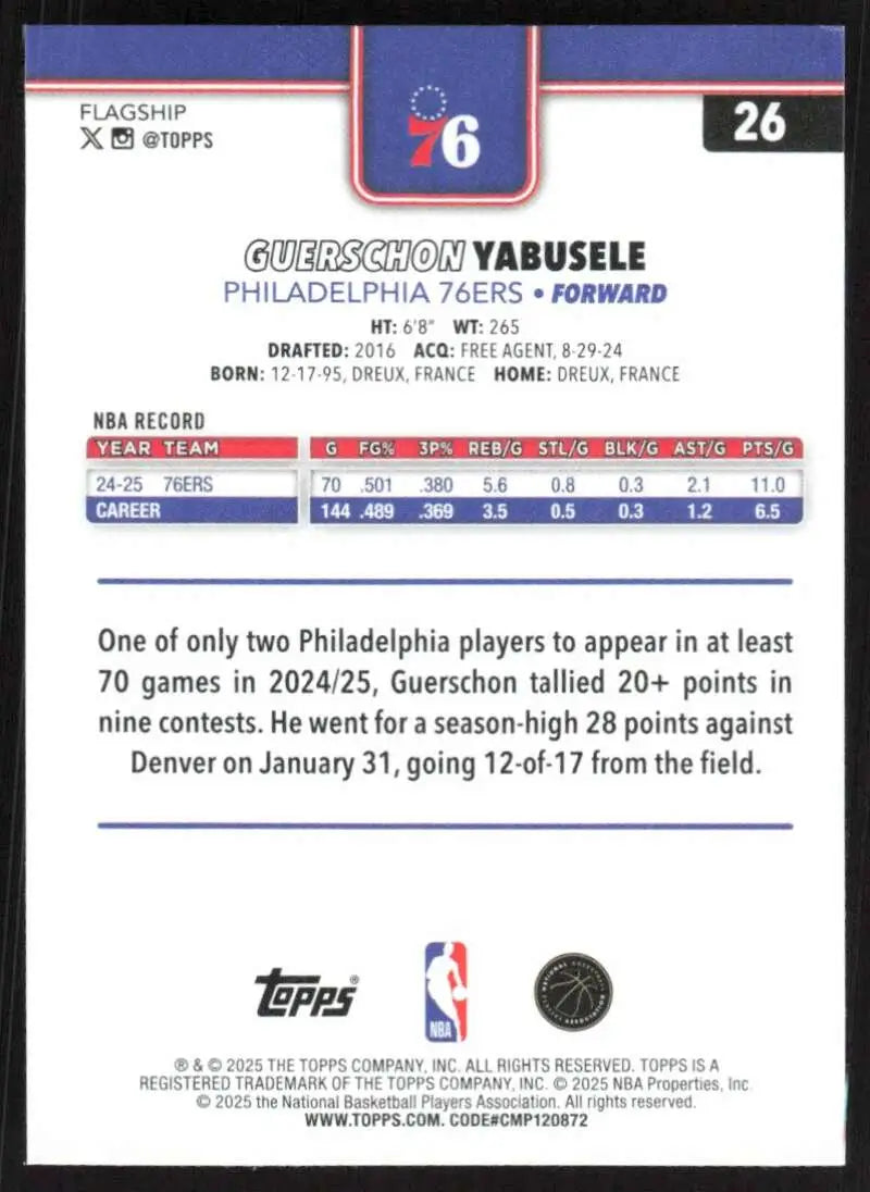 2025-26 Topps #26 Guerschon Yabusele NM-MT Philadelphia 76ers Basketball Card - Basketball Card Single