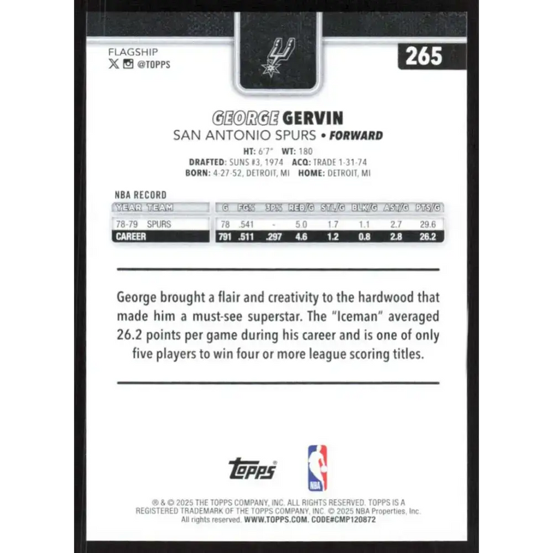 2025-26 Topps #265 George Gervin NM-MT San Antonio Spurs Basketball Card - Basketball Card Single