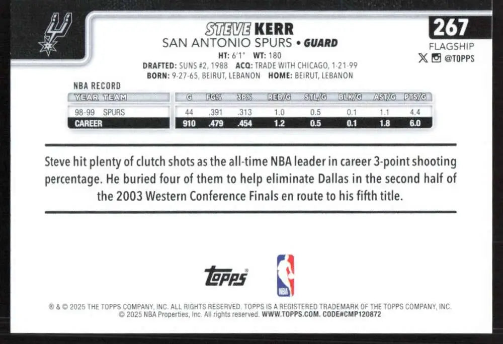 2025-26 Topps #267 Steve Kerr NM-MT San Antonio Spurs Basketball Card - Basketball Card Single