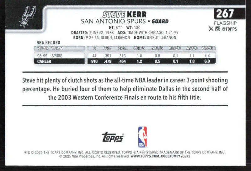 2025-26 Topps #267 Steve Kerr NM-MT San Antonio Spurs Basketball Card - Basketball Card Single