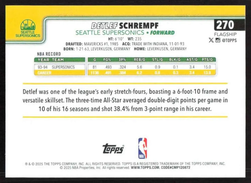 2025-26 Topps #270 Detlef Schrempf NM-MT Seattle Supersonics Basketball Card - Basketball Card Single