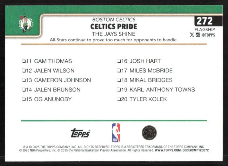 2025-26 Topps #272 Jayson Tatum NM-MT Boston Celtics Basketball Card - Basketball Card Single