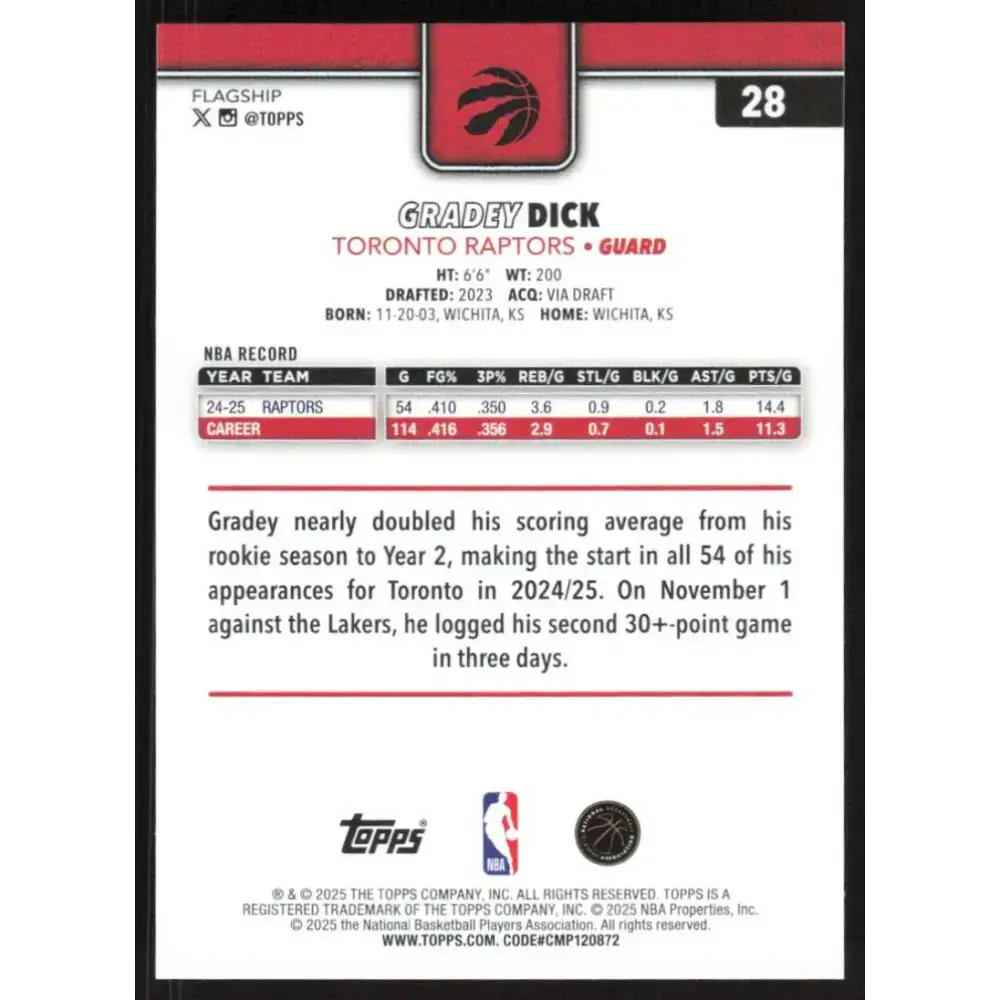 2025-26 Topps #28 Gradey Dick NM-MT Toronto Raptors Basketball Card - Basketball Card Single