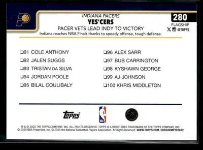 2025-26 Topps #280 Yes’Cers: Pacer Vets Lead Indy To Victory - Basketball Card Single