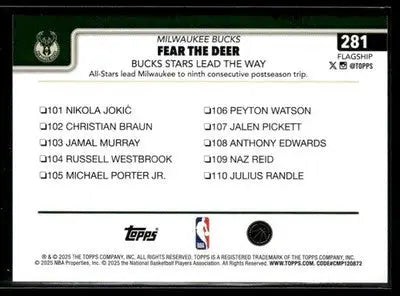 2025-26 Topps #281 Fear the Deer: Bucks Stars Lead the Way Base Milwaukee Bucks - Basketball Card Single